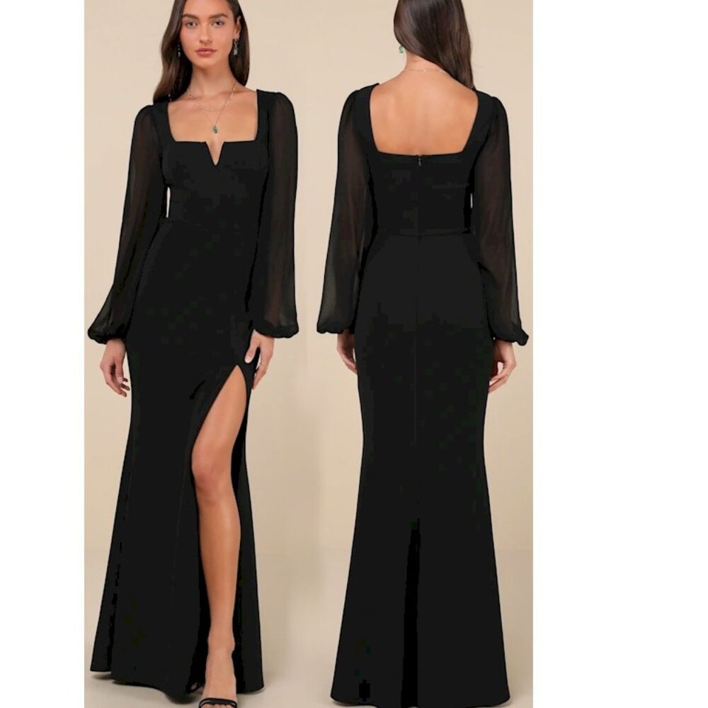 Lulus Composed Elegance Black Balloon Sleeve Mermaid Maxi Dress Small